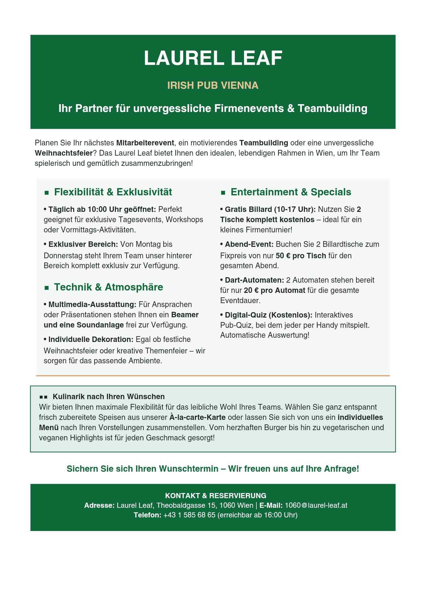 Firmenfeier corporate events laurel leaf irish pub vienna