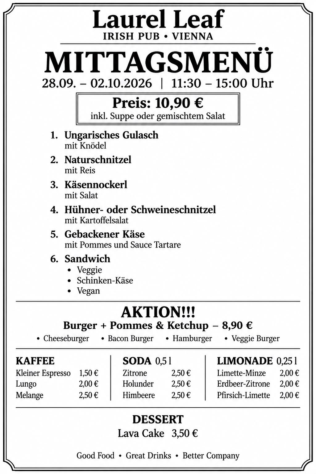 Laurel Leaf Lunch Menu 28.9. - 2.10.2026
